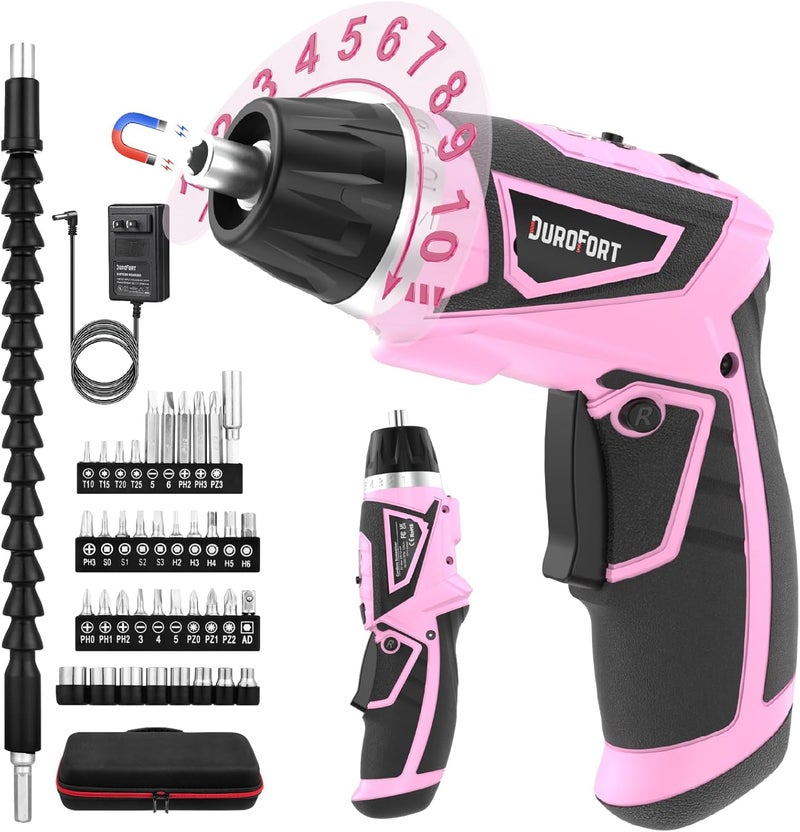 DuroFort Cordless Electric Screwdriver Set, 8V 10Nm Rechargeable Power Electric Drill, Battery Screw Gun with Driver Bit, 320RPM/10+1 Torque, 2 Position Handle, Flexible Shaft LED Light (Pink, 39Pcs) - Image 1
